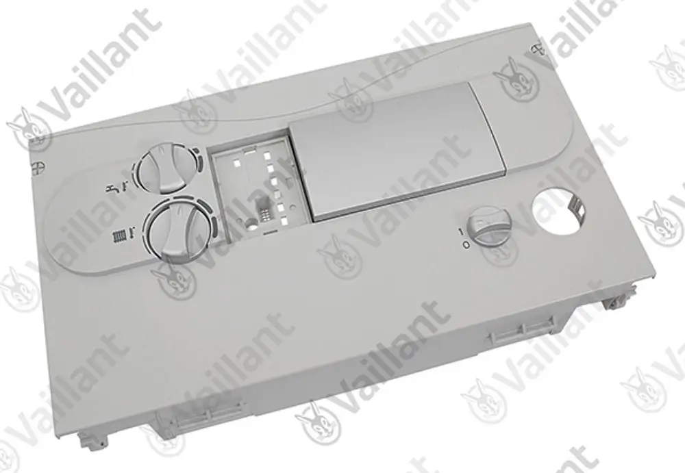 Vorderteil von Vaillant Gehäuse mit zwei Regulierungsdrehknöpfen und einem Schiebedeckel, ausgeführt in einem neutralen Farbton, geeignet für spezifische Heizsysteme.